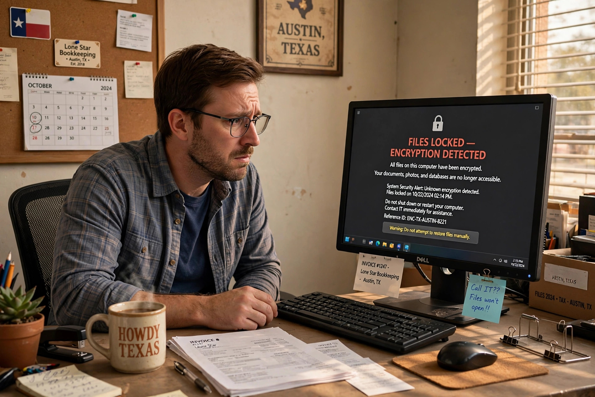 Office worker looking at a computer screen showing a ransomware lock warning